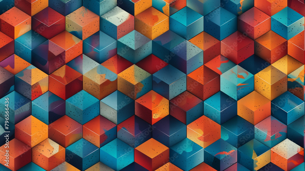Fototapete Abstract blue background with a seamless pattern of 3D cubes,Colorful Geometric Triangle Mosaic Texture Art