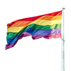 A pride rainbow flag waving in the wind on white background.