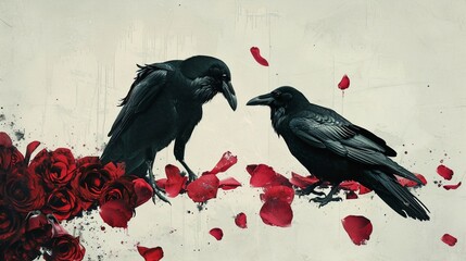 Fototapeta premium Surreal artwork of crows and ravens emerging from rose petals symbolizing the intertwining of life and death set against a stark minimalist backdrop