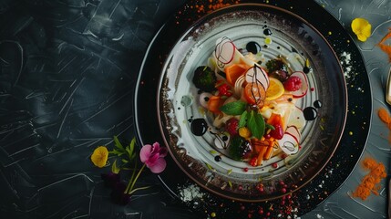 Obraz na płótnie Canvas Elegant gourmet dish artfully presented on a dark, textured tabletop with vibrant garnishes.