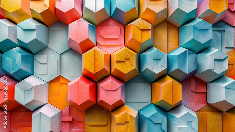 Fototapete abstract blue background with a seamless pattern of 3d cubes,colorful geometric triangle mosaic text