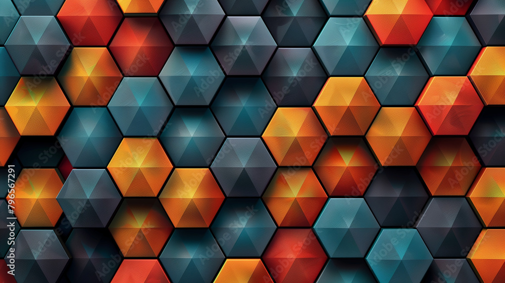 Fototapete Abstract blue background with a seamless pattern of 3D cubes,Colorful Geometric Triangle Mosaic Texture Art