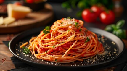 Delicious spaghetti pasta with tomato sauce and parmesan on a dark plate, garnished with herbs.