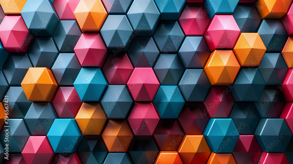 Fototapete abstract blue background with a seamless pattern of 3d cubes,colorful geometric triangle mosaic text
