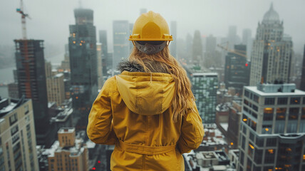 Female construction worker in yellow helmet and raincoat standing on top of skyscraper  generativa IA