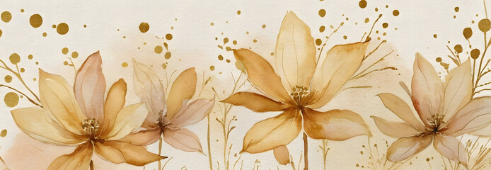 Abstract art watercolor gentle flower and gold splash for nature banner background. Watercolor art design suitable for use as header, web, wall decoration.