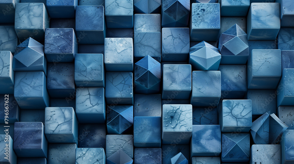 Fototapete abstract blue background with a seamless pattern of 3d cubes,colorful geometric triangle mosaic text