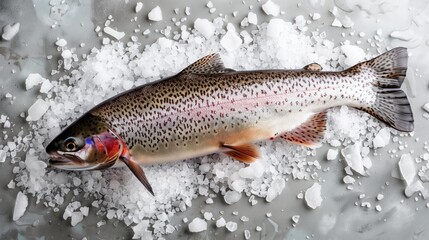 A vibrant, fresh trout lying on a bed of ice, showcasing its detailed and colorful markings.