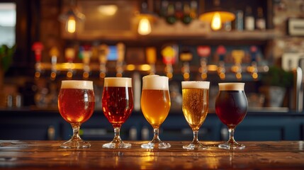 Five different types of craft beer in assorted glasses on a bar counter, with a blurred bar background.