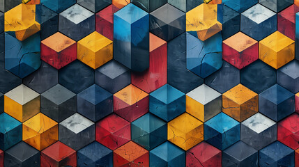 Obraz premium Abstract blue background with a seamless pattern of 3D cubes,Colorful Geometric Triangle Mosaic Texture Art