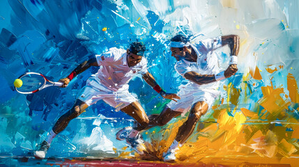 A painting depicting the climax of an exciting tennis match.