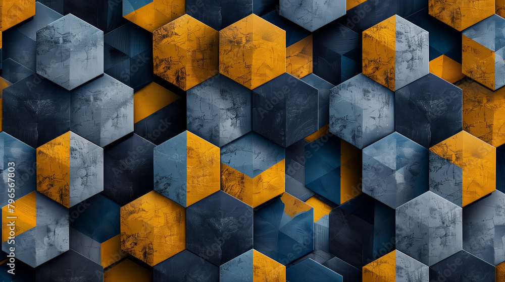 Fototapete Abstract blue background with a seamless pattern of 3D cubes,Colorful Geometric Triangle Mosaic Texture Art
