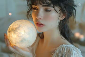 Naklejka premium Quiet Reflection: Woman Holding Round Object