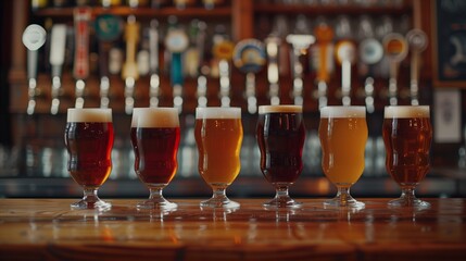 Five different beers in glasses lined up on a bar counter with blurred taps in the background.