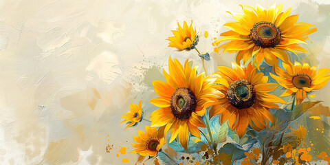 Vibrant Sunflowers in Vase with Yellow Paint Splash on White Background, Botanical Floral Artwork Concept