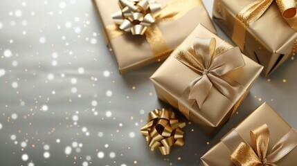 Obraz na płótnie Canvas Elegant gold gift boxes with bows surrounded by soft, shimmering lights on gray background.