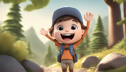A cute friendly 3d hiking character waving to the camera.