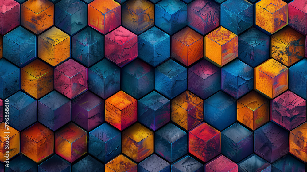 Fototapete Abstract blue background with a seamless pattern of 3D cubes,Colorful Geometric Triangle Mosaic Texture Art