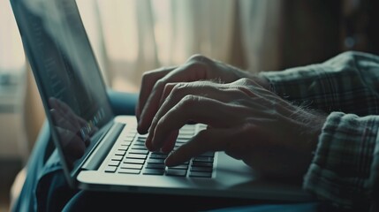 Close-up image of a person typing on a laptop, focusing on their hands in a dimly lit room.
