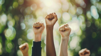Multiethnic people raising their fists in protest or revolution on green nature background.