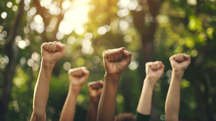 Multiethnic people raising their fists in protest or revolution on green nature background. - 796569073