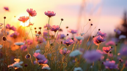 Beautiful meadow with cosmos flowers at sunset. Macro image, shallow depth of field. Illustration.