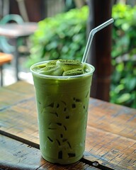 green tea matcha ice drink in glass cup with straw on wooden table - 796569270