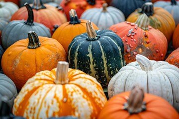 A variety of decorative pumpkins showcasing various colors and patterns. Concept Decorative Pumpkins, Pumpkin Patch, Fall Decor, Seasonal Display, Harvest Festivities