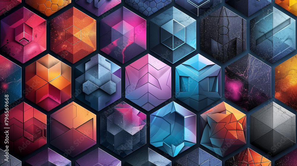 Fototapete abstract blue background with a seamless pattern of 3d cubes,colorful geometric triangle mosaic text
