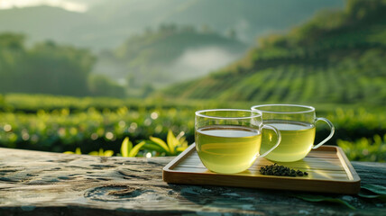 Hot matcha tea in a green tea plantation - 796569656