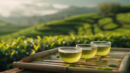 Hot matcha tea in a green tea plantation