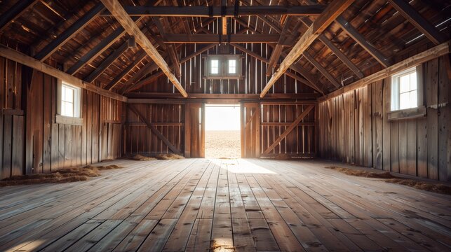 Sunny interior of an old wooden barn with open doors leading to a bright exterior.