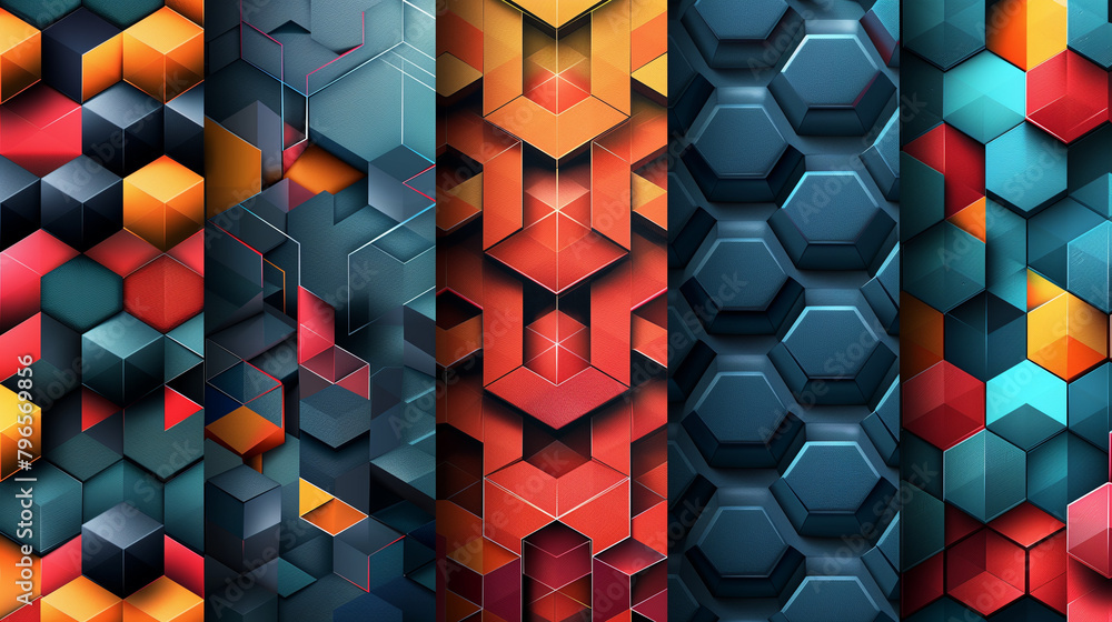 Fototapete Abstract blue background with a seamless pattern of 3D cubes,Colorful Geometric Triangle Mosaic Texture Art