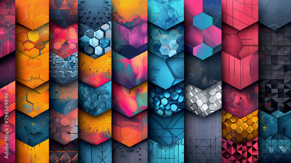 Fototapete Abstract blue background with a seamless pattern of 3D cubes,Colorful Geometric Triangle Mosaic Texture Art