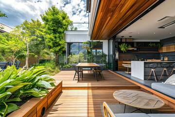 Rustic outdoor kitchen and dining area with wooden flooring and decking surrounded by nature