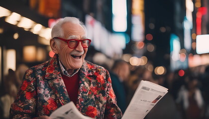 Laughing elderly couple in floral jacket and red glasses reads fake news