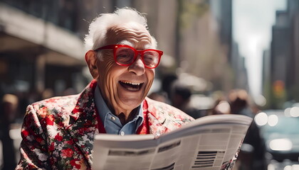 Laughing elderly couple in floral jacket and red glasses reads fake news