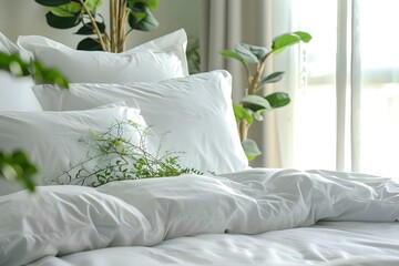 Modern Bedroom Closeup: White Bedding, Pillows, Duvet, and Greenery. Concept Closeup Photography, Bedroom Decor, Interior Design, White and Green Aesthetic, Modern Minimalist