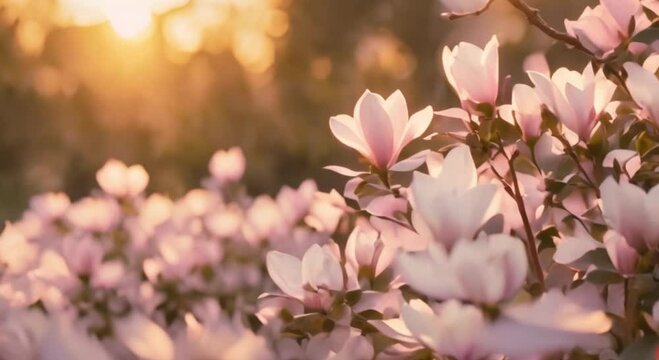 3d view of a beautiful sunset with hints of pink and a garden full of white magnolia flowers