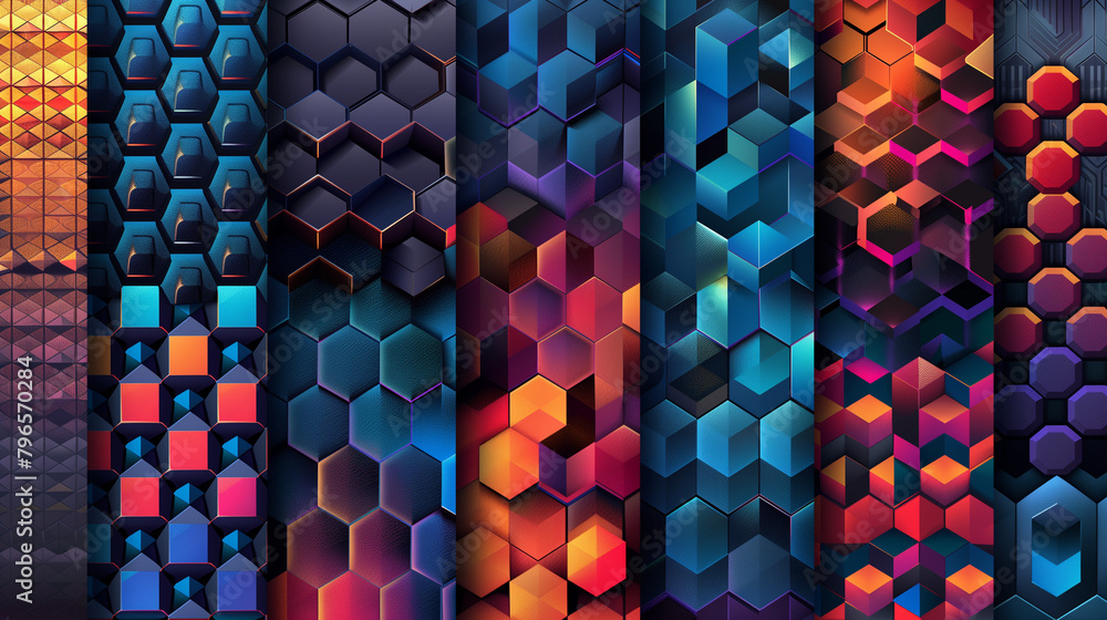 Fototapete Abstract blue background with a seamless pattern of 3D cubes,Colorful Geometric Triangle Mosaic Texture Art