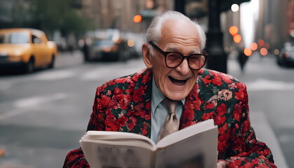 Laughing elderly couple in floral jacket and red glasses reads fake news