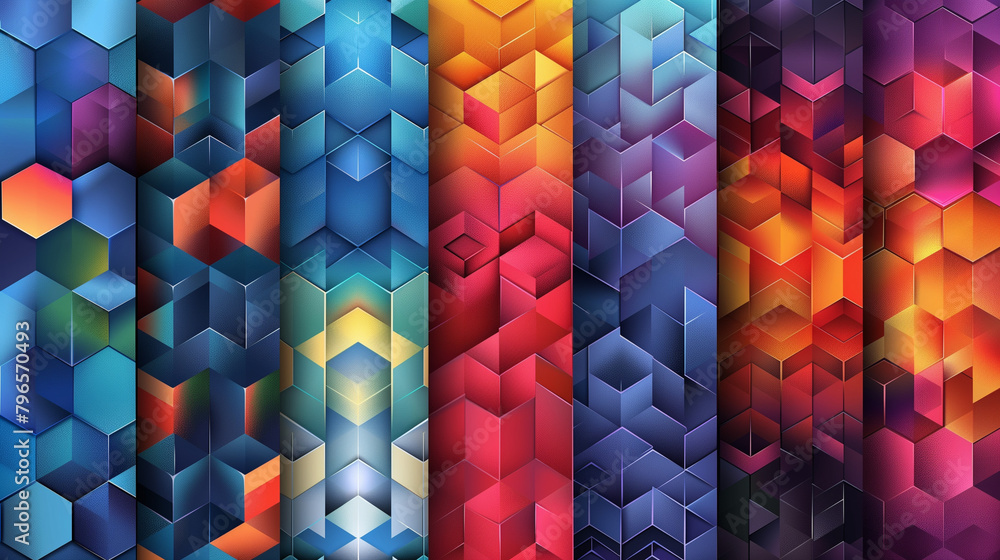 Fototapete Abstract blue background with a seamless pattern of 3D cubes,Colorful Geometric Triangle Mosaic Texture Art
