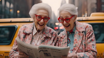 Laughing elderly couple in floral jacket and red glasses reads fake news