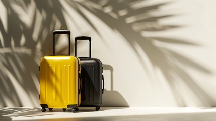 Two modern suitcases, one yellow and one black, standing under a palm shadow on a sunny day.