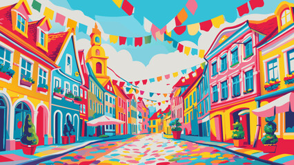 Vibrant, Festive European Street with Colorful Buildings and Bunting Flags