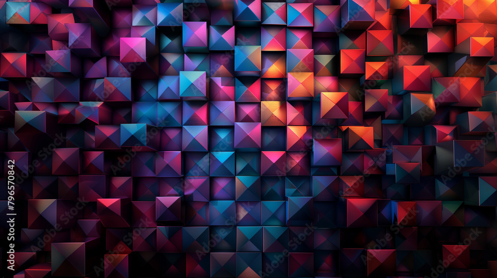Fototapete Abstract blue background with a seamless pattern of 3D cubes,Colorful Geometric Triangle Mosaic Texture Art