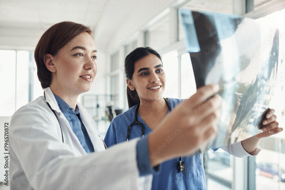 Poster People, doctor and nurse with smile, xray and radiology in hospital for consultation, results and treatment. Medical, team and collaboration in review of scan in healthcare, specialist and diagnosis