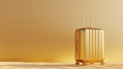 Golden suitcase standing on sandy surface against a warm golden background.