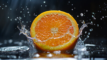 Orange in an orange juice splash against a black background