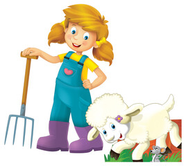 cartoon scene with farmer girl standing with pitchfork and farm animal sheep isolated background illustation for children